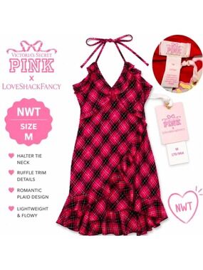 NWT PINK Victoria's Secret  LoveShackFancy Plaid Ruffle Halter Midi Dress Medium